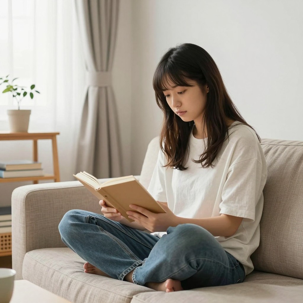 シェアハウスのラウンジでひとり読書をする女性