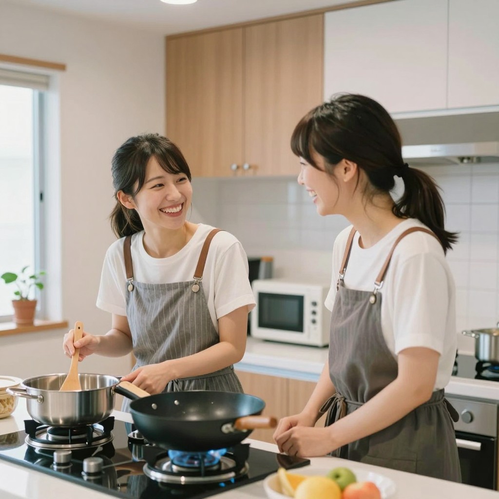 シェアハウスのキッチンで一緒に料理をする2人の女性