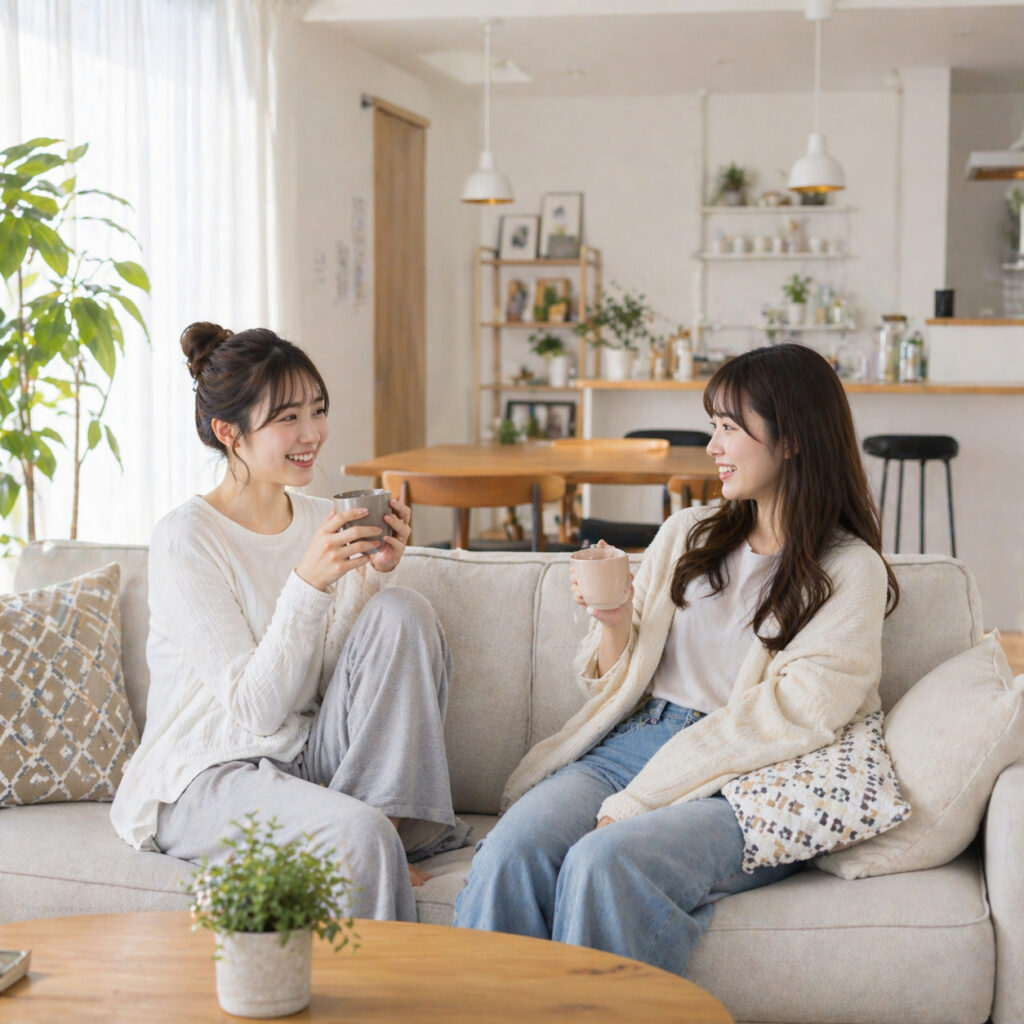 シェアハウスのリビングで会話する20代女性たち