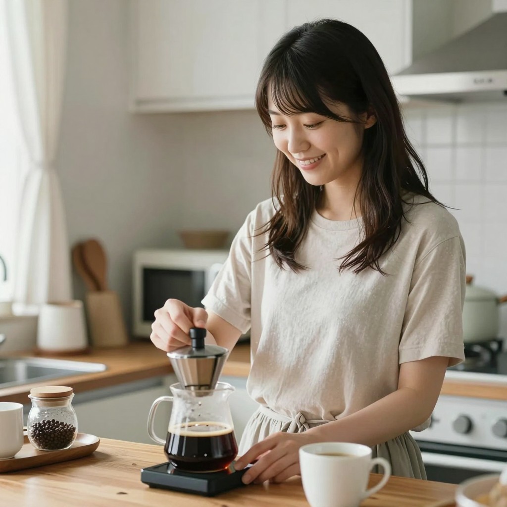 シェアハウスのキッチンで朝コーヒーを淹れる笑顔の女性