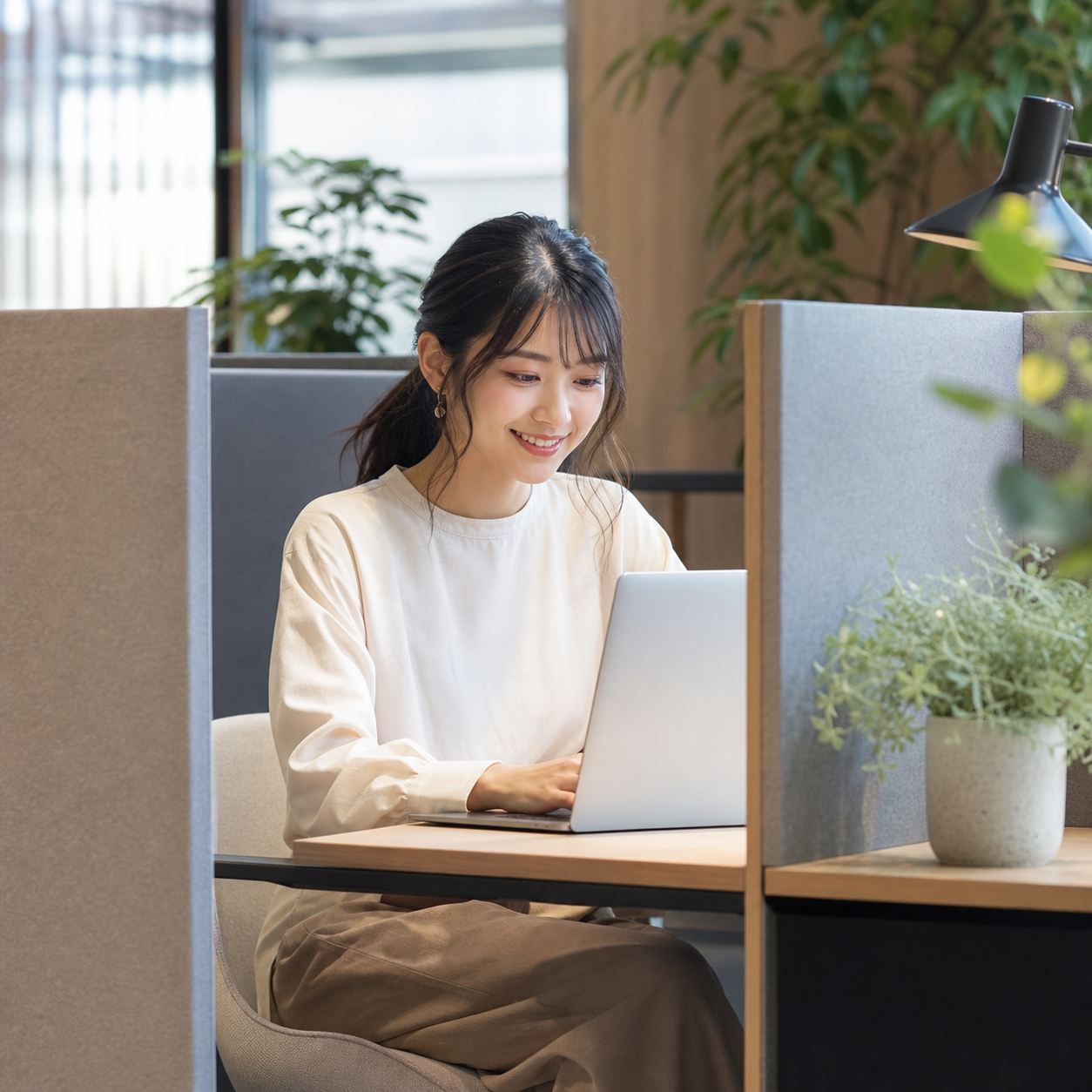 コリビングシェアハウスの集中ブースで作業するフリーランス女性