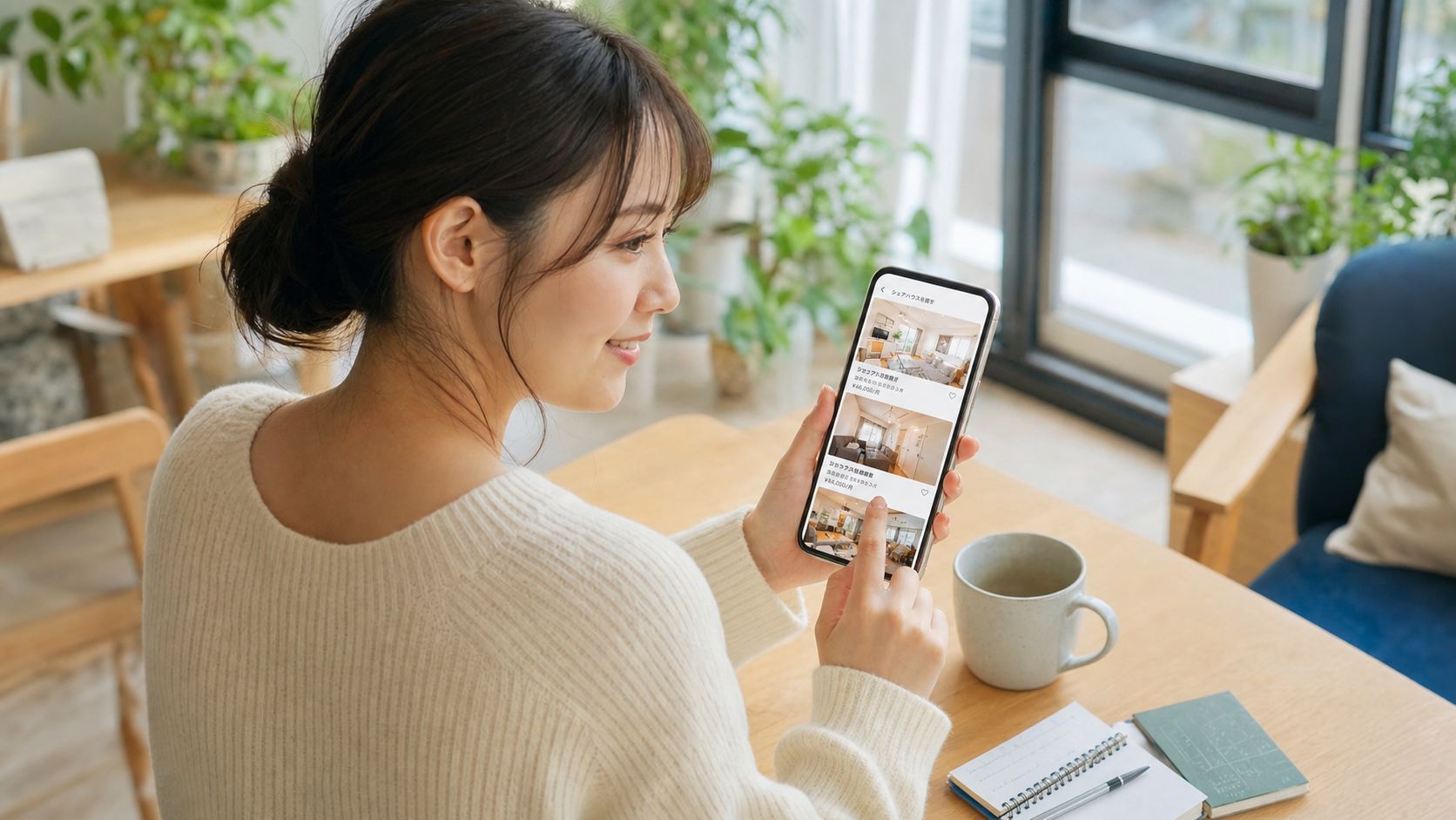 スマートフォンで即入居可のシェアハウスを検索する女性