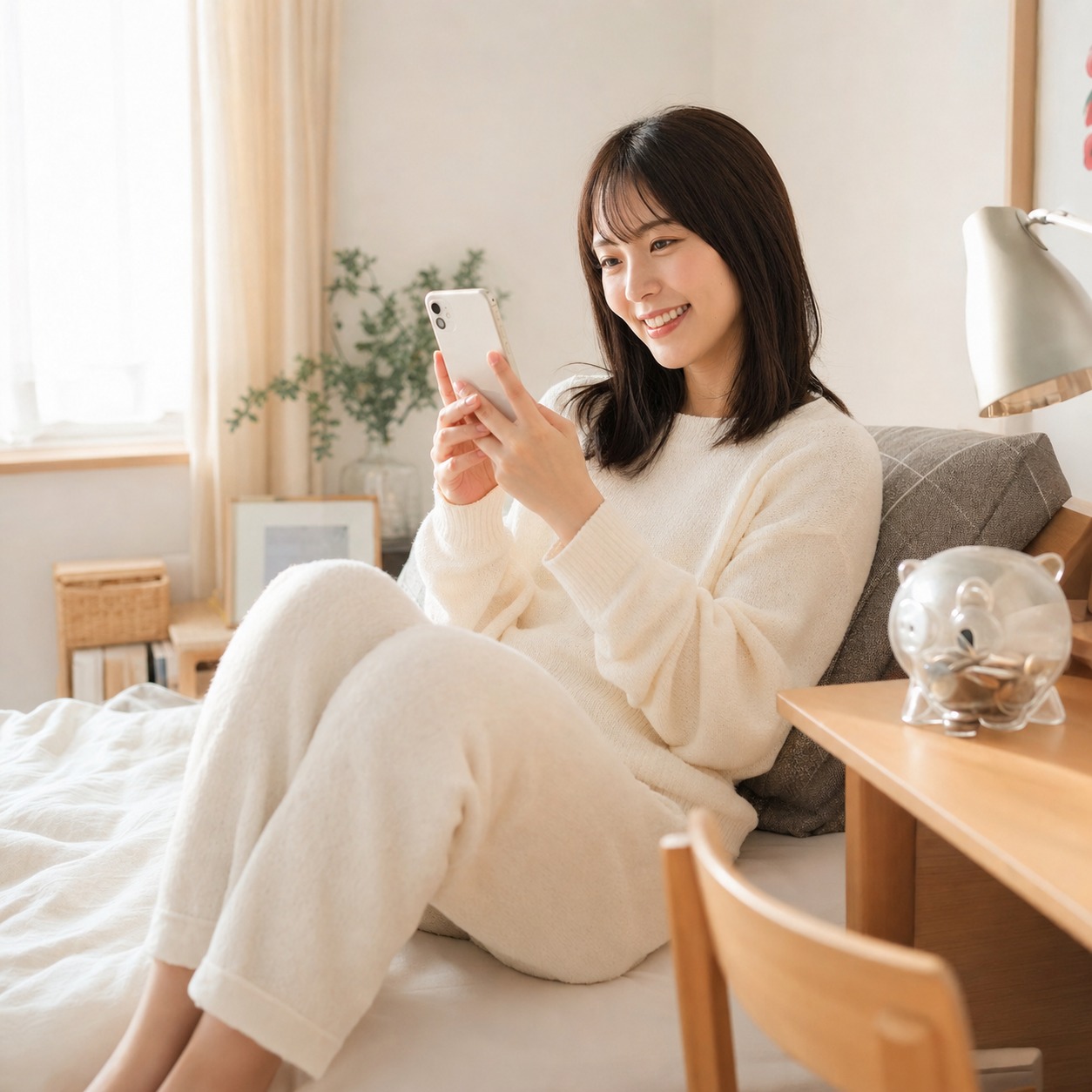 部屋でくつろぎながらスマートフォンを見る女性