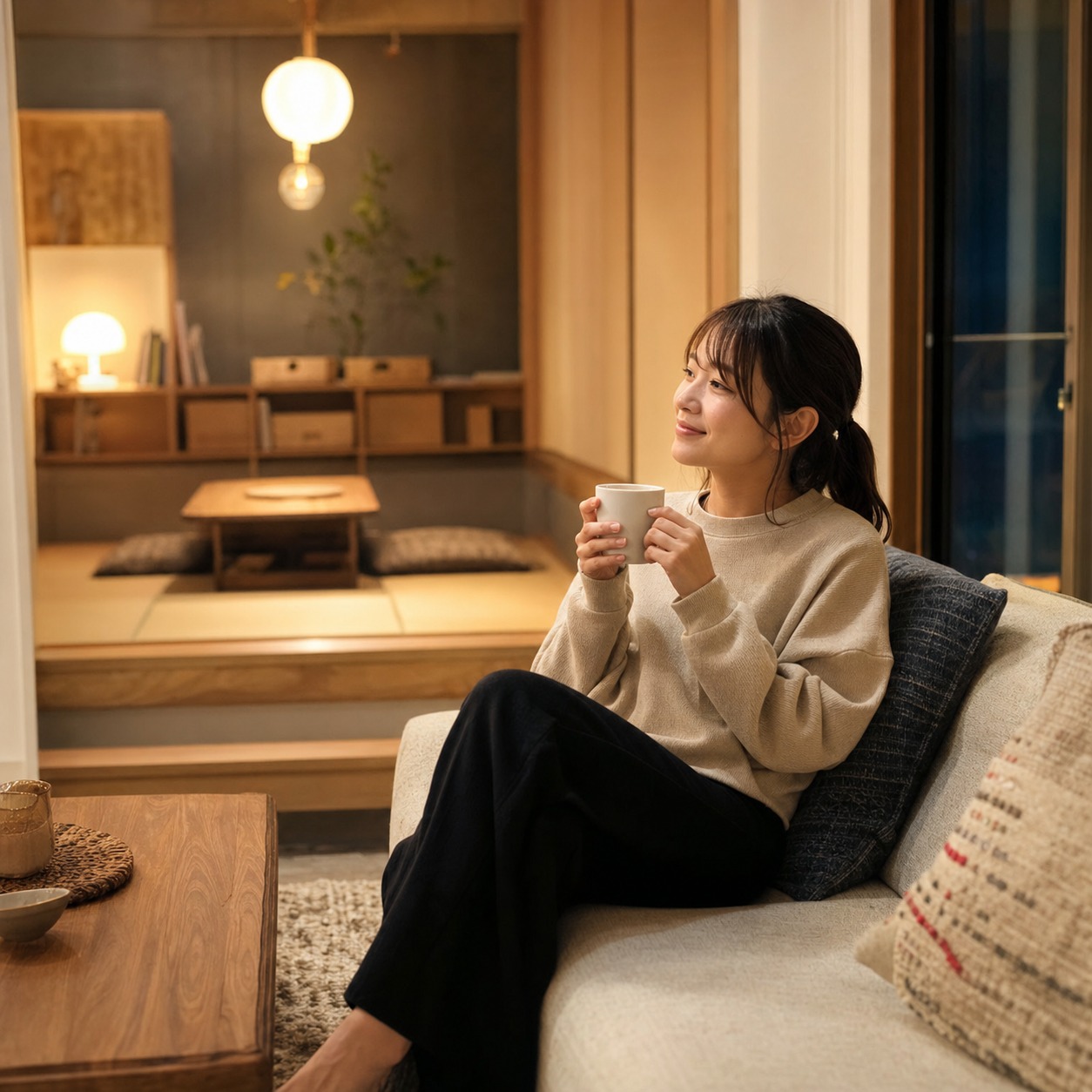 夜のラウンジでくつろぐ女性