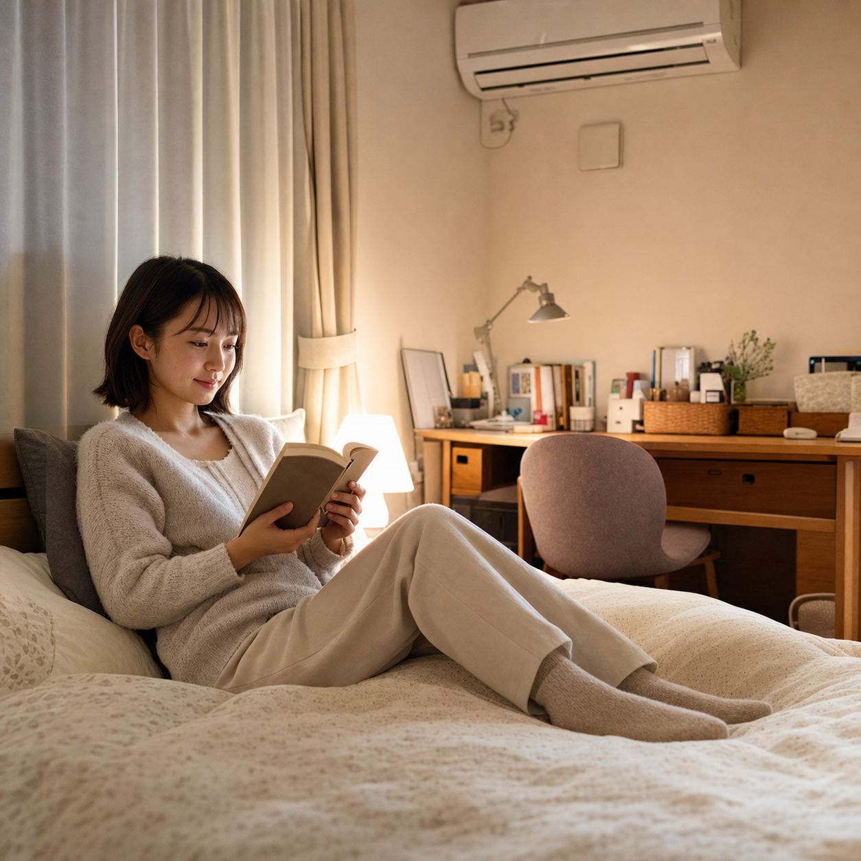 家具付きの個室で夜くつろぐ女性