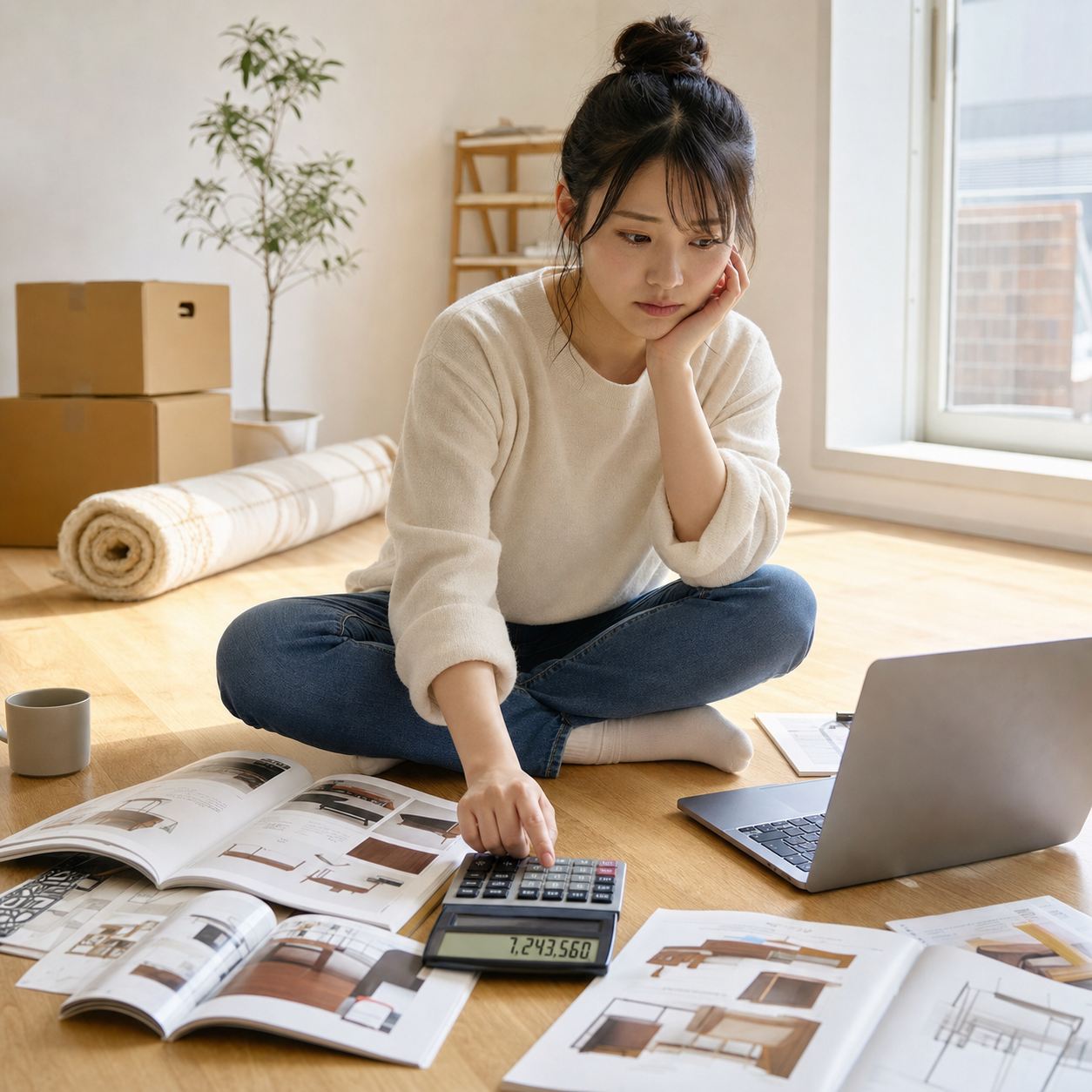 家具・家電の購入費用に頭を悩ませる女性