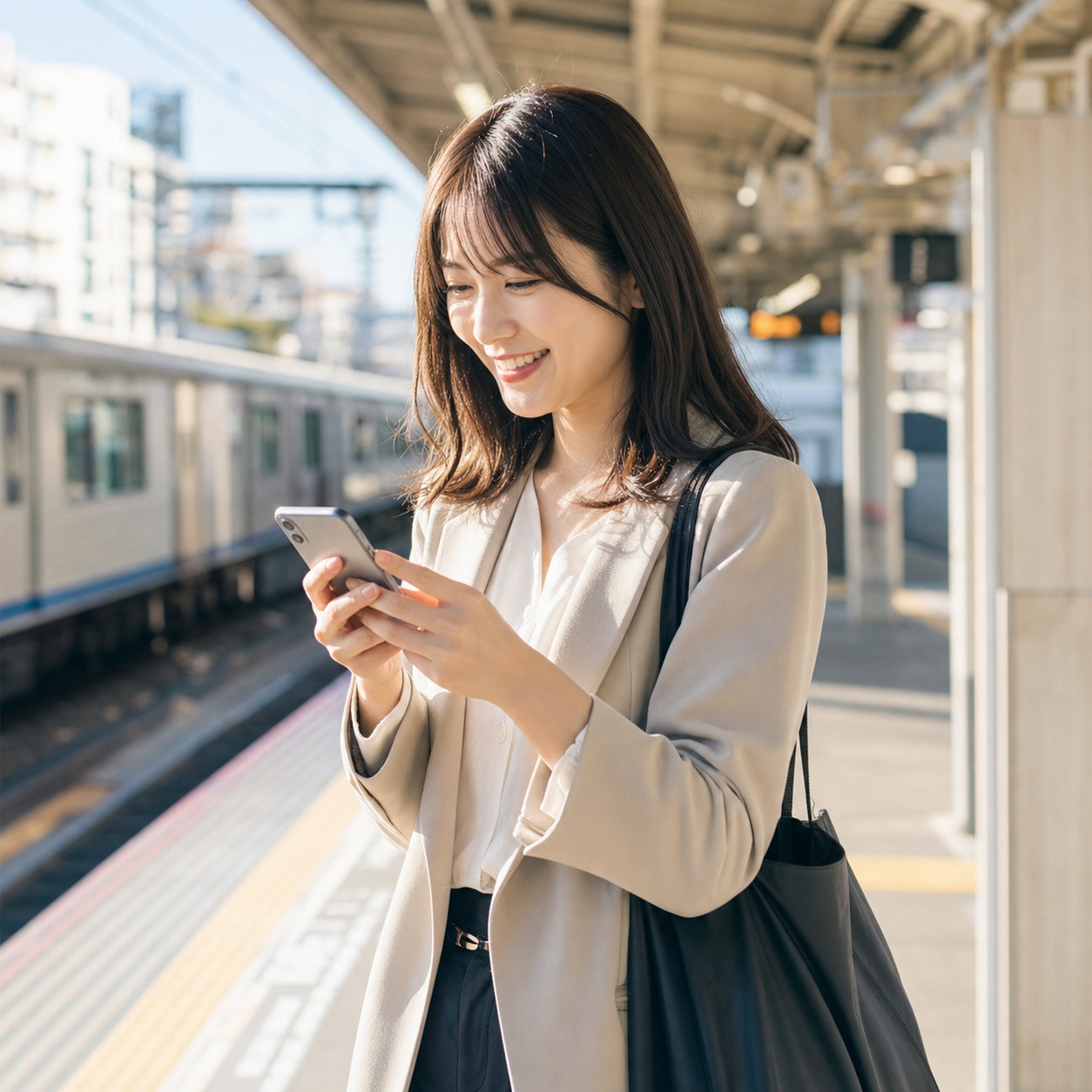 朝の駅で電車を待つ笑顔の女性