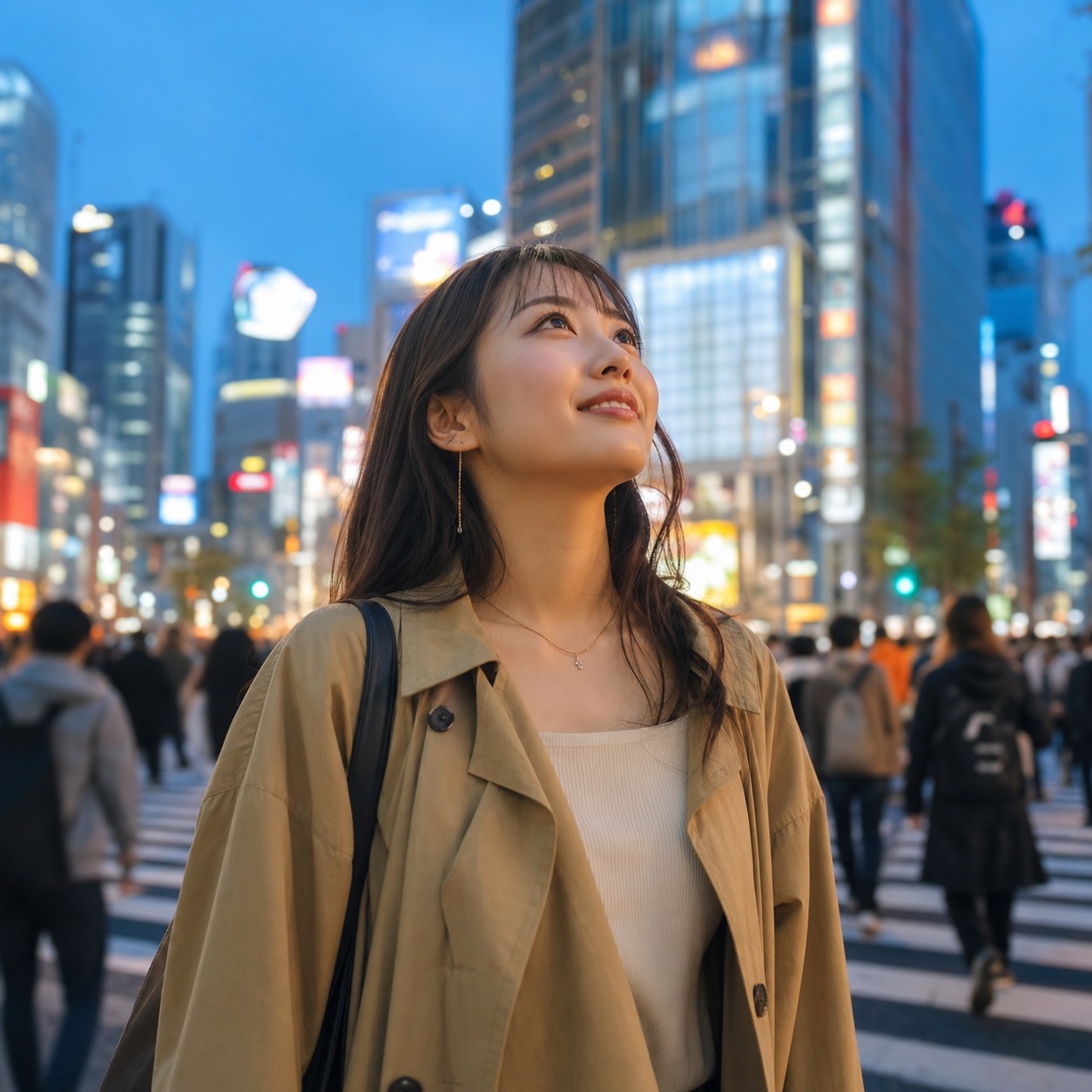 渋谷の街を見上げる期待に満ちた表情の女性