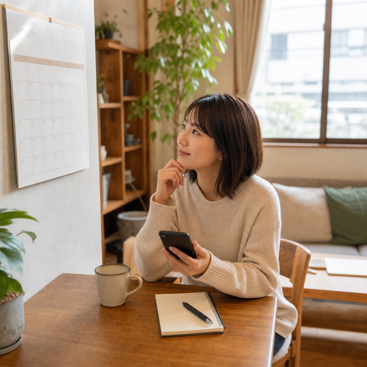 カレンダーを見ながら1か月の滞在計画を立てる女性