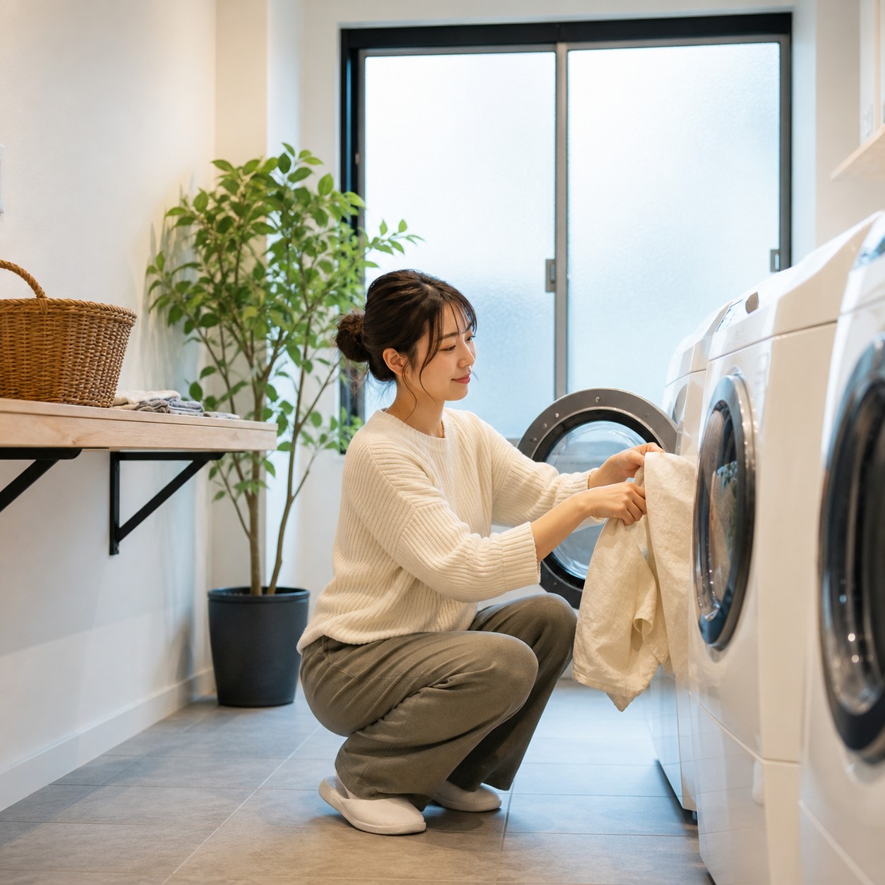 明るい共用ランドリールームで洗濯する女性