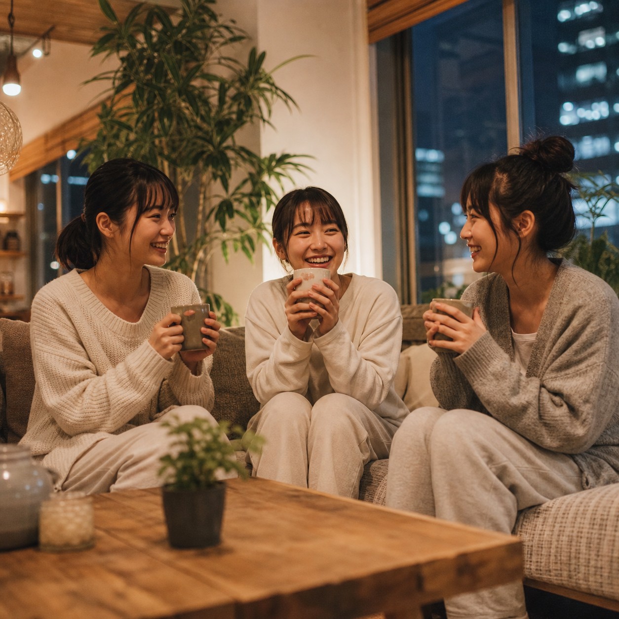 ラウンジで会話する女性の入居者たち