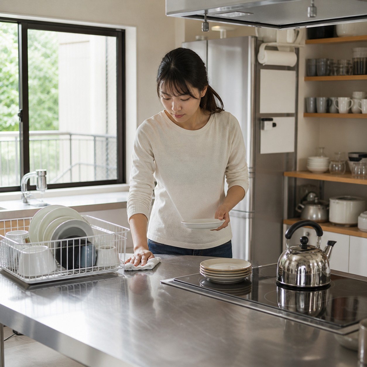 共用キッチンで片付けをする入居者